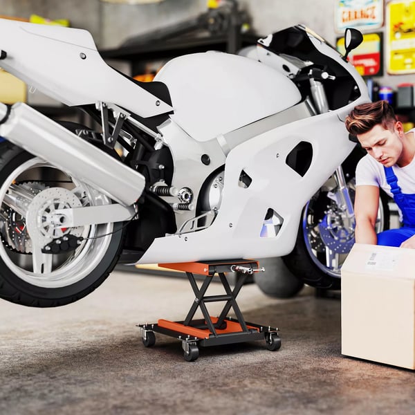 HOMCOM Motorcykel Løfter: Orange Stål, 500 kg Kapacitet, Justerbar Højde 13,5-39 cm, Mobil Reparationsstanderplatform