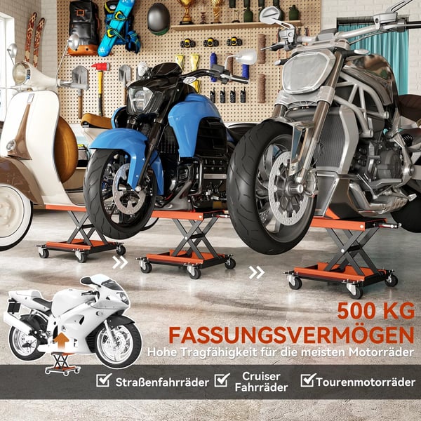 HOMCOM Motorcykel Løfter: Orange Stål, 500 kg Kapacitet, Justerbar Højde 13,5-39 cm, Mobil Reparationsstanderplatform