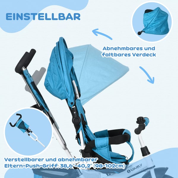 6-i-1 trehjuling med skjutstång, barncykel med avtagbart soltak, kudde och 5-punktssele, blå polyester