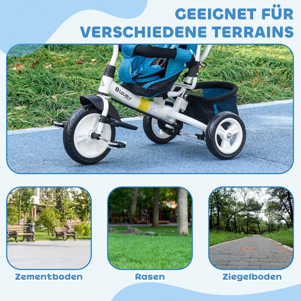 6-i-1 trehjuling med skjutstång, barncykel med avtagbart soltak, kudde och 5-punktssele, blå polyester