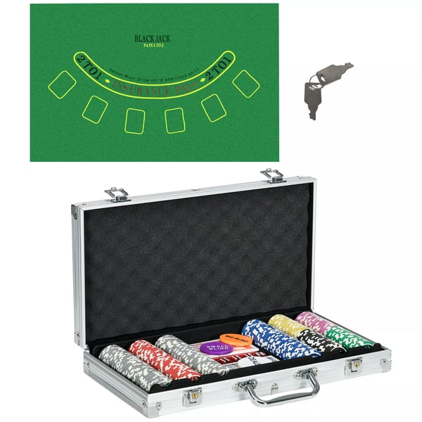 Pokerväska set 300 marker 11,5 g komplett pokerset med lås, 2 kortlekar, 5 tärningar, dealer- och blindknappar, silver