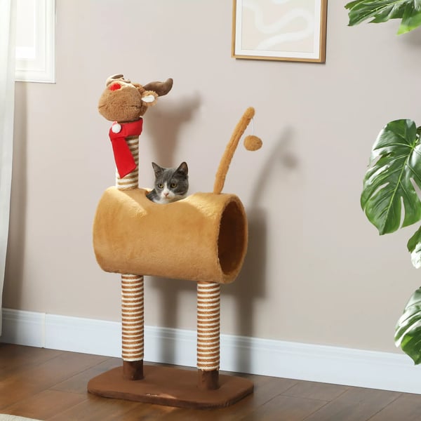 PawHut Kradsetre 98 cm Hjorte-kradsetre med hule, legbold og jutestammer - Brun