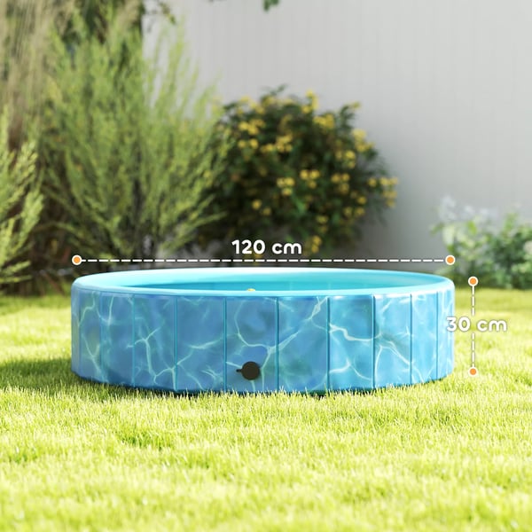 PawHut Foldbart Hundebadkar med Vandfald og Vandpude - Ø120 x 30 cm - Skridsikker Blå Plast til Hunde og Katte