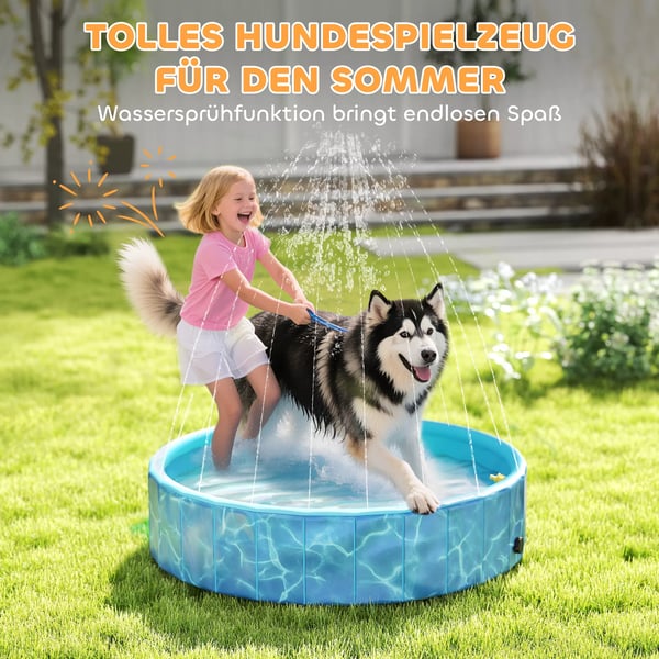 PawHut Foldbart Hundebadkar med Vandfald og Vandpude - Ø120 x 30 cm - Skridsikker Blå Plast til Hunde og Katte