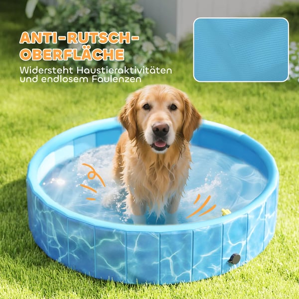 PawHut Foldbart Hundebadkar med Vandfald og Vandpude - Ø120 x 30 cm - Skridsikker Blå Plast til Hunde og Katte
