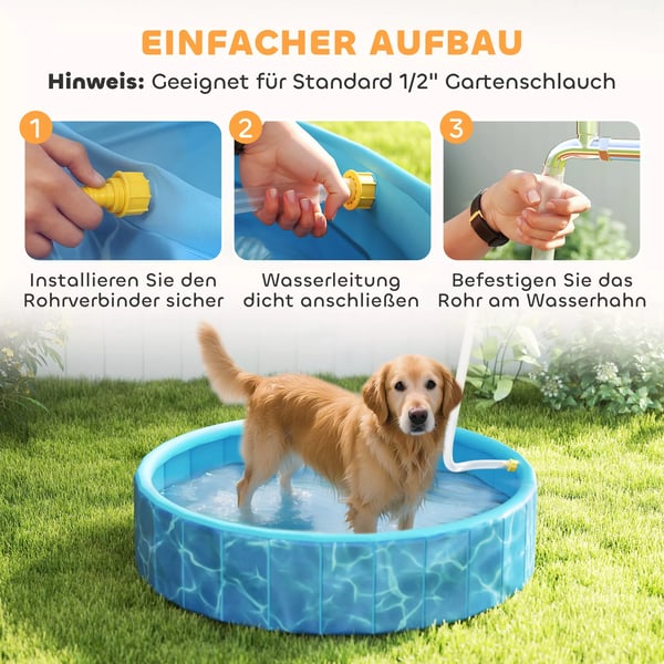 PawHut Foldbart Hundebadkar med Vandfald og Vandpude - Ø120 x 30 cm - Skridsikker Blå Plast til Hunde og Katte