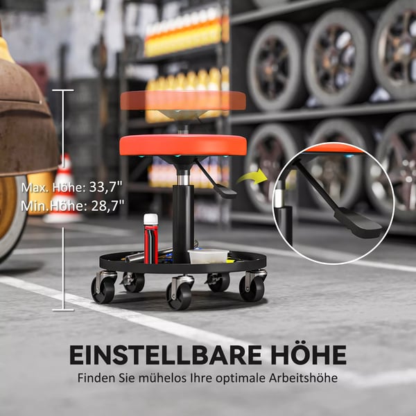 HOMCOM Arbejdsstol til Vfrksted, Orange, Stal, Justerbar, Med Hjul og Opbevaring