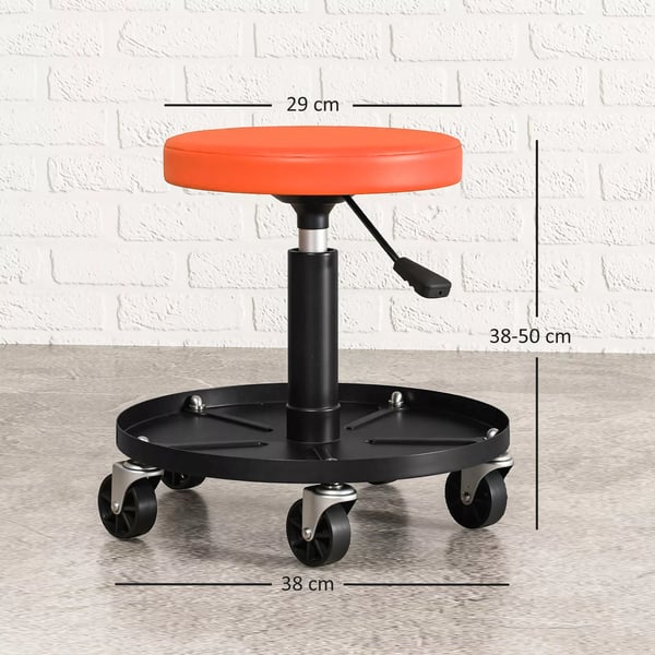 HOMCOM Arbejdsstol til Vfrksted, Orange, Stal, Justerbar, Med Hjul og Opbevaring