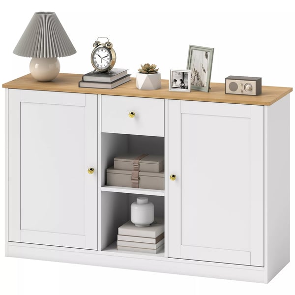 HOMCOM Skænk opbevaringsskab med skuffe, 2 låger, 2 åbne hylder, sidebord til køkken, stue, 120 x 35 x 75,2 cm Hvid