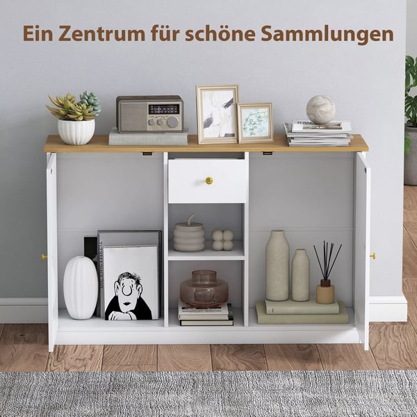 HOMCOM Skænk opbevaringsskab med skuffe, 2 låger, 2 åbne hylder, sidebord til køkken, stue, 120 x 35 x 75,2 cm Hvid