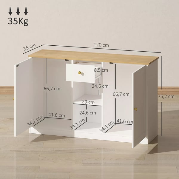 HOMCOM Skænk opbevaringsskab med skuffe, 2 låger, 2 åbne hylder, sidebord til køkken, stue, 120 x 35 x 75,2 cm Hvid