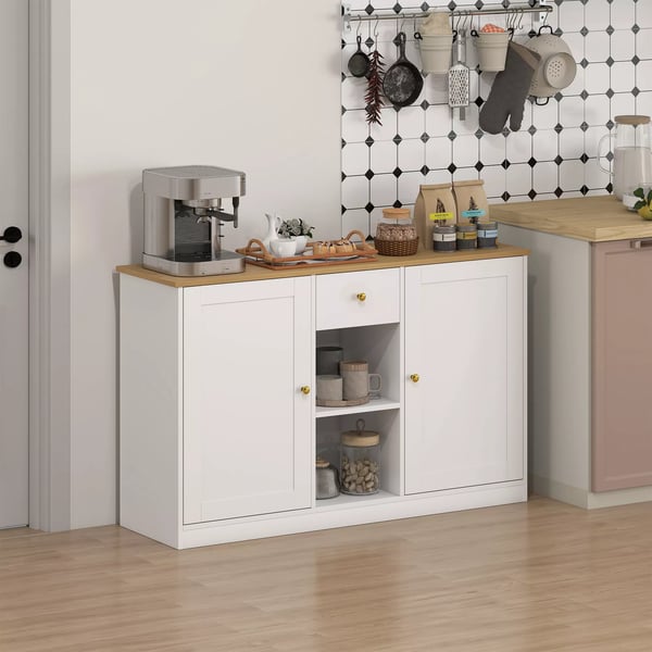 HOMCOM Skænk opbevaringsskab med skuffe, 2 låger, 2 åbne hylder, sidebord til køkken, stue, 120 x 35 x 75,2 cm Hvid