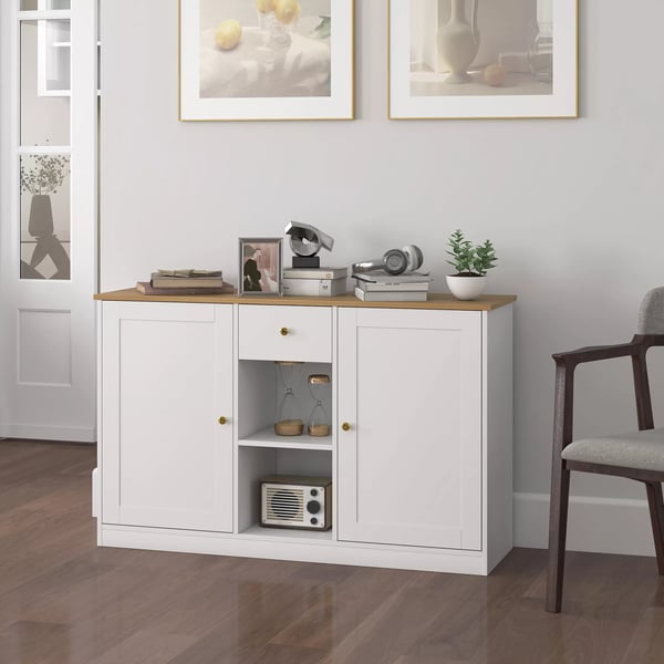 HOMCOM Skænk opbevaringsskab med skuffe, 2 låger, 2 åbne hylder, sidebord til køkken, stue, 120 x 35 x 75,2 cm Hvid