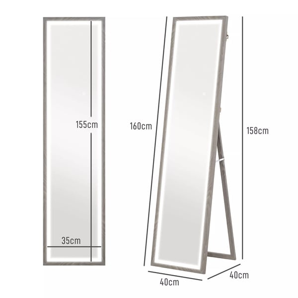 HOMCOM Kokovartalopeili 40x160cm, LED-valolla, 3 valoväriä, kosketusohjaus, harmaa