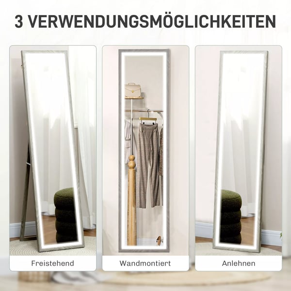 HOMCOM Kokovartalopeili 40x160cm, LED-valolla, 3 valoväriä, kosketusohjaus, harmaa