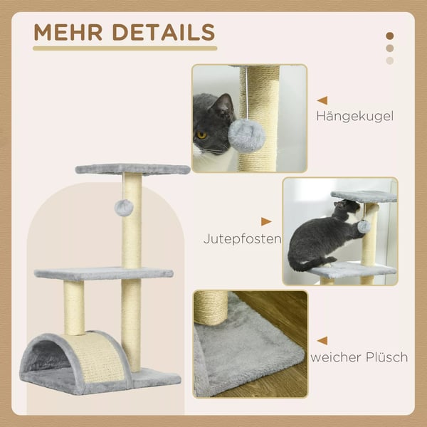 Klösträd 72 cm Ljusgrå med Plattf., Sisalstammar, Plyschbollar, Klösbräda