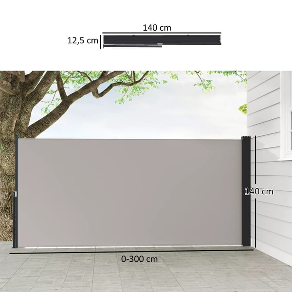 Outsunny udtrækkelig sidemarkise, 300 x 140 cm havemarkise, afskærmning med UV-beskyttelse, vindbeskyttelse, metal, polyester, lysegrå
