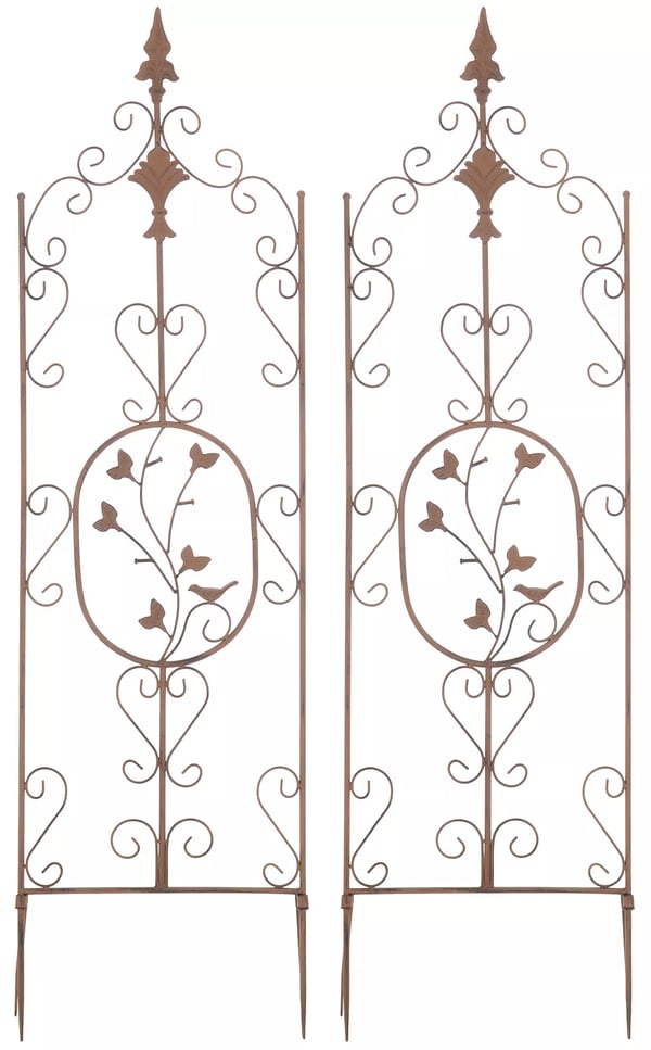 Set med 2 antika bruna metall Burgus klätterväxtspaljéer, handgjorda, 122 cm höjd