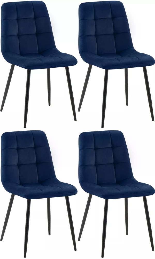 Set med 4 Tilde matstolar i sammet, blå, metallram