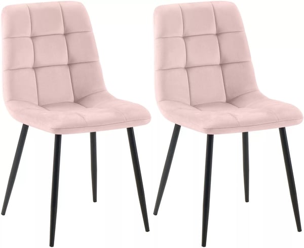 Sæt med 2 lyserøde velour spisebordsstole med metalben