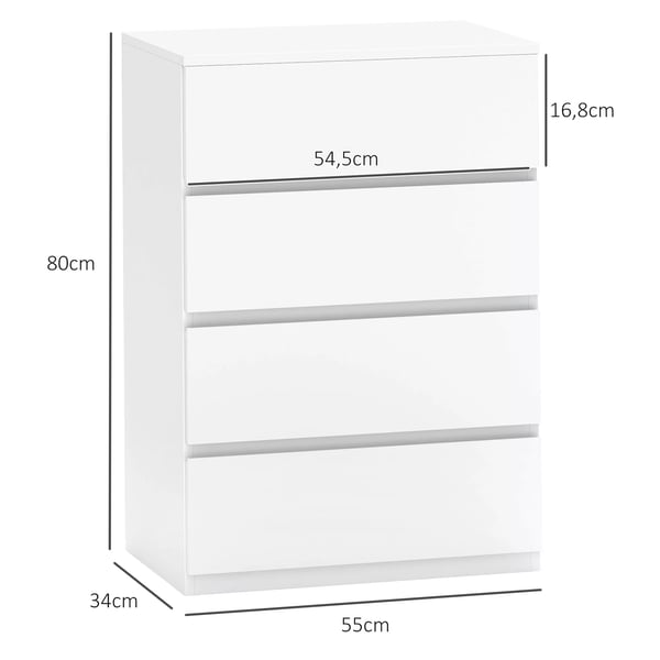 HOMCOM Kommode med 4 skuffer, kontorskab, hvid, 55 x 33 x 80 cm