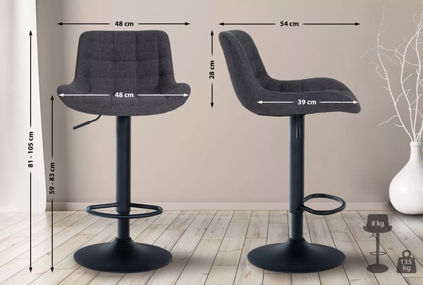 Sæt med 2 Tover Barstole - Sort Metalstel, Justerbar Højde, 360° Drejefunktion