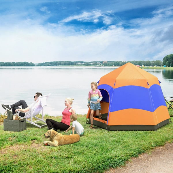 Outsunny perheteltta pikakäyttöön, 4-6 hengelle, 4 vuodenaikaa, vedenpitävä, hyttysverkolla, 2 ovea, polyesteri, oranssi/sininen