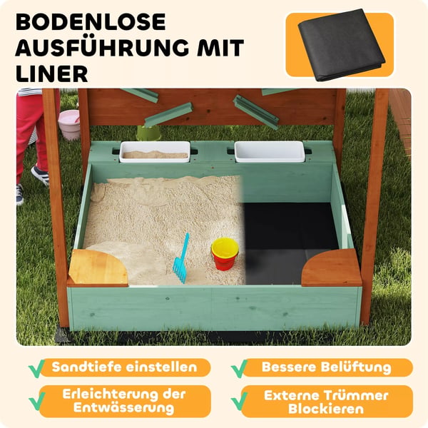 AIYAPLAY Sandkasse i grønt fyrretræ med tag, sæder og opbevaring - 116x112,5 cm