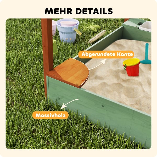 AIYAPLAY Sandkasse i grønt fyrretræ med tag, sæder og opbevaring - 116x112,5 cm