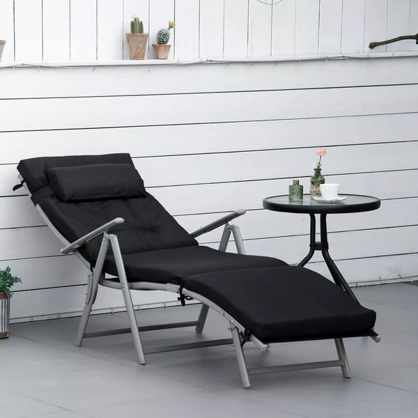 Outsunny sammenklappelig og justerbar solseng, havestol med pude, metal og stof, sort, 137x63,5x100,5 cm