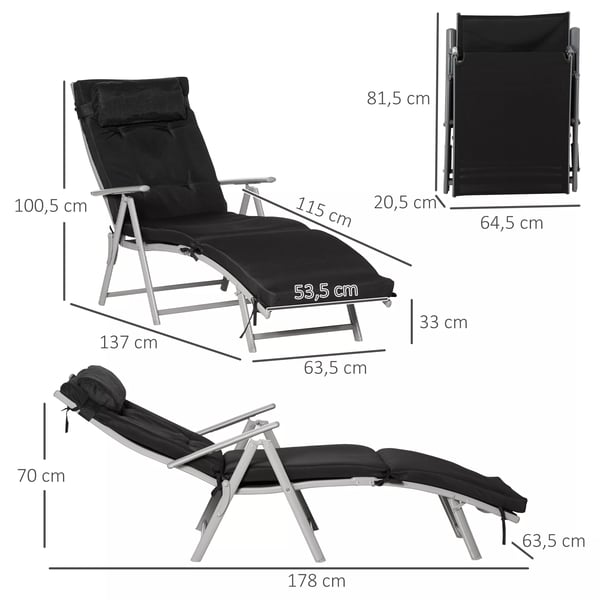 Outsunny sammenklappelig og justerbar solseng, havestol med pude, metal og stof, sort, 137x63,5x100,5 cm