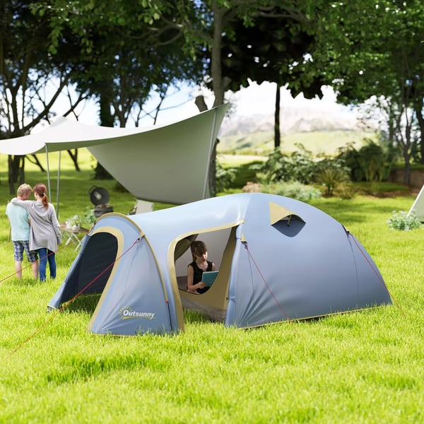 Outsunny 4-personers campingtunnel telt i lyseblå polyester, vandtæt med 2000 mm søjletryk, UPF50+, ideelt til rejser og trekking