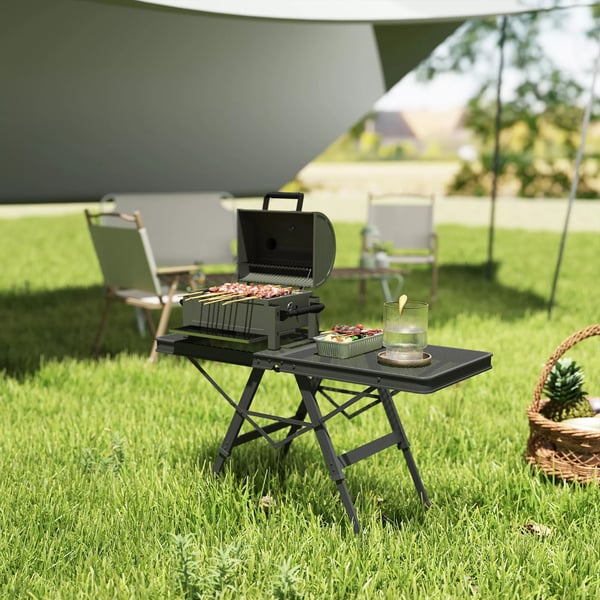 Outsunny Foldbart Campingbord, Hjdejusterbar, Metalrist, Sort - 90x40.5x48/58 cm