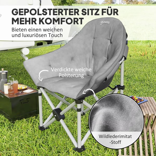 Outsunny Foldestol Mørkegrå Kunstlæder, Campingstol med Sidelomme og Bæretaske, Polstret Robust Fiskestol til Have og Strand, Max 120 kg