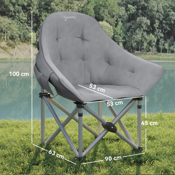 Outsunny Foldestol Mørkegrå Kunstlæder, Campingstol med Sidelomme og Bæretaske, Polstret Robust Fiskestol til Have og Strand, Max 120 kg