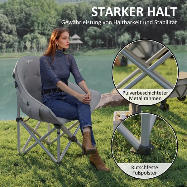 Outsunny Foldestol Mørkegrå Kunstlæder, Campingstol med Sidelomme og Bæretaske, Polstret Robust Fiskestol til Have og Strand, Max 120 kg