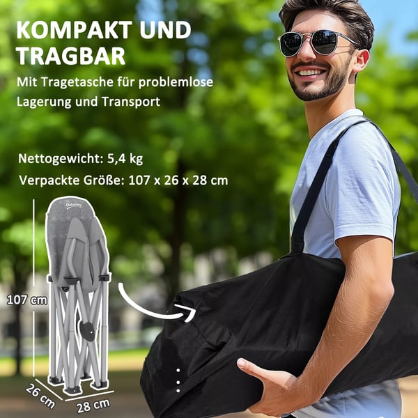 Outsunny Foldestol Mørkegrå Kunstlæder, Campingstol med Sidelomme og Bæretaske, Polstret Robust Fiskestol til Have og Strand, Max 120 kg
