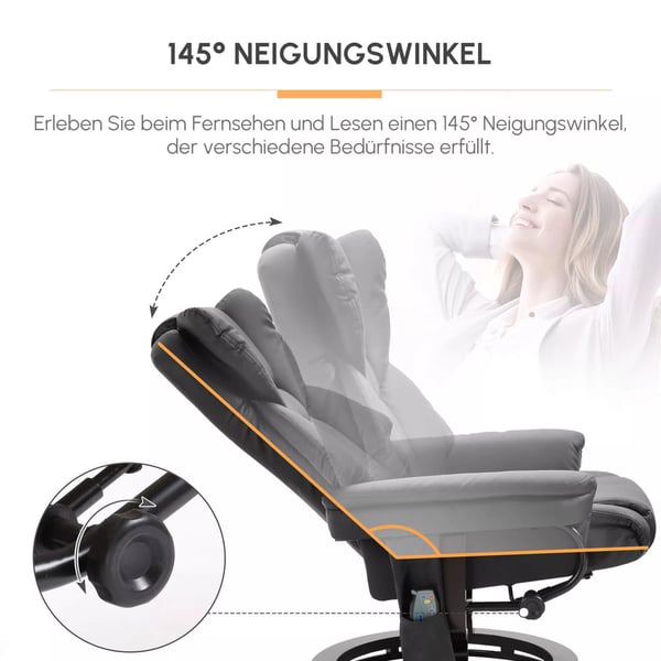 HOMCOM hvilestol med massagefunktion og fodskammel, lænestol med hvilefunktion, kunstlæder, sort