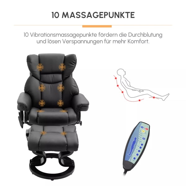HOMCOM hvilestol med massagefunktion og fodskammel, lænestol med hvilefunktion, kunstlæder, sort