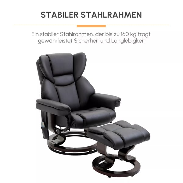 HOMCOM hvilestol med massagefunktion og fodskammel, lænestol med hvilefunktion, kunstlæder, sort