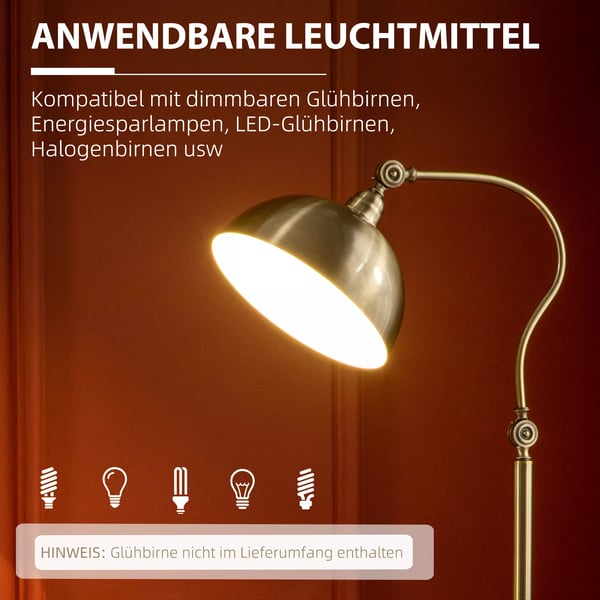 HOMCOM gulvlampe, retro buelampe med justerbar lampeskærm, E27, messing-look, til stuen