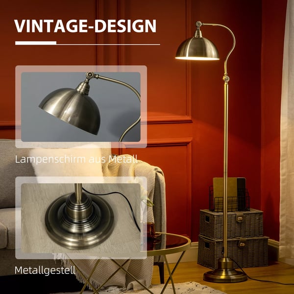 HOMCOM gulvlampe, retro buelampe med justerbar lampeskærm, E27, messing-look, til stuen