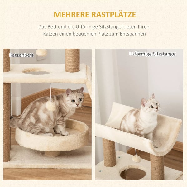 PawHut lille kattetræ 76 cm, med legende bold & siddeplads, indendørs klatretårn med seng & kradsebræt, lysebrun, op til 5 kg