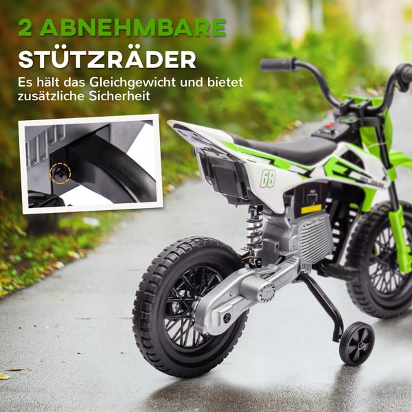 Elmotorcykel för barn, 12V, med musik och stödhjul, grön