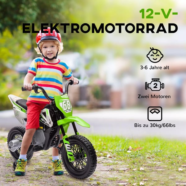 Elmotorcykel för barn, 12V, med musik och stödhjul, grön
