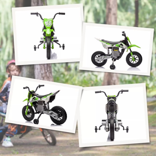 Elmotorcykel för barn, 12V, med musik och stödhjul, grön