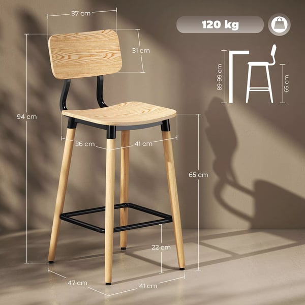 HOMCOM Barstolar 2-pack Ryggstöd Fotstöd - Naturträ/Stål