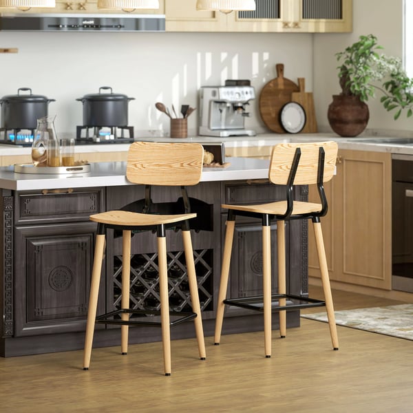 HOMCOM Barstolar 2-pack Ryggstöd Fotstöd - Naturträ/Stål