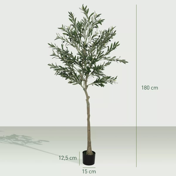 Kunstigt oliventræ, 180 cm, grøn plastik, realistisk kunstig plante med cementpotte til stue, soveværelse, kontor