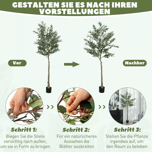 Kunstigt oliventræ, 180 cm, grøn plastik, realistisk kunstig plante med cementpotte til stue, soveværelse, kontor